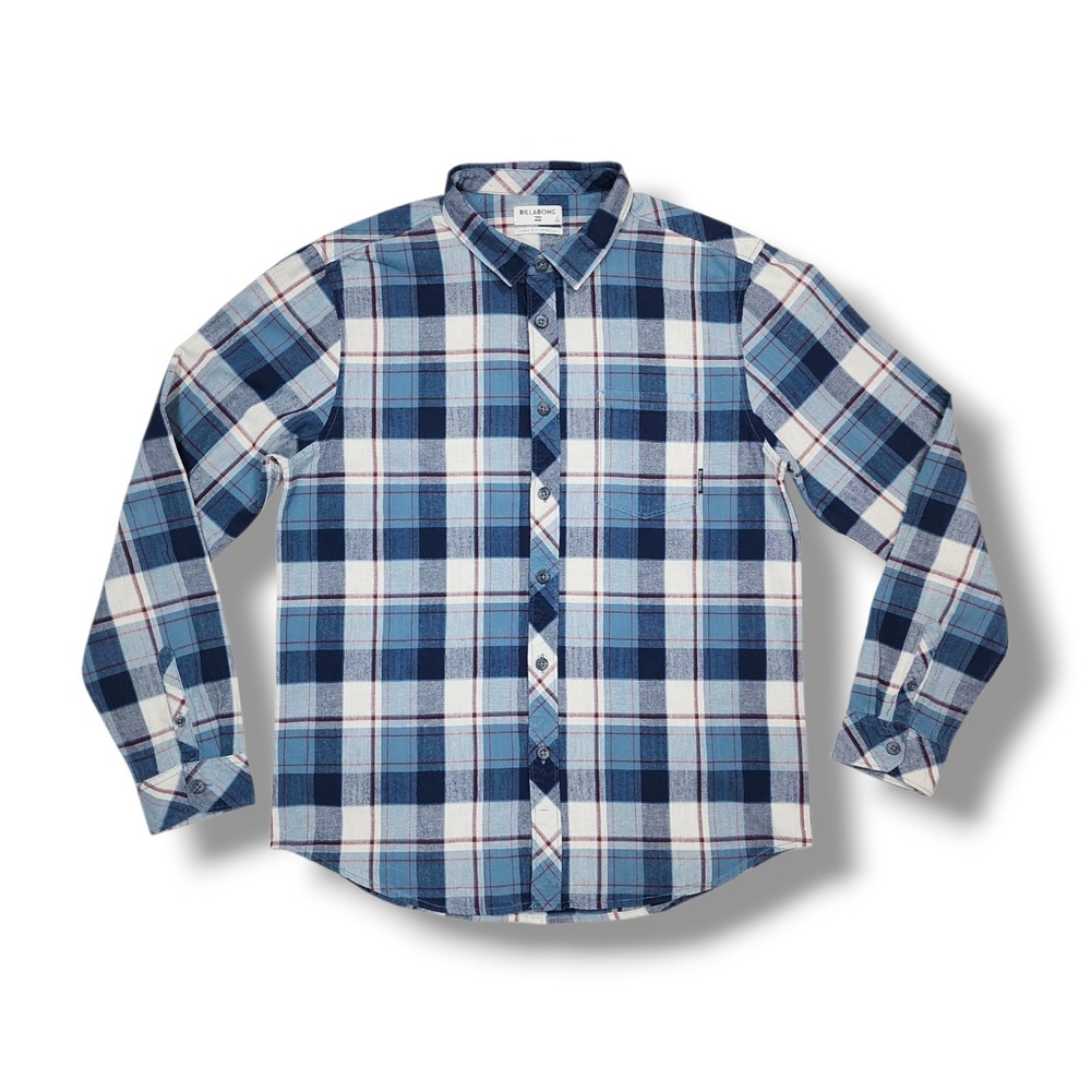 Billabong Core Fit Stretch Blue Plaid Button Flannel Long‎ Sleeve Shirt Men's L